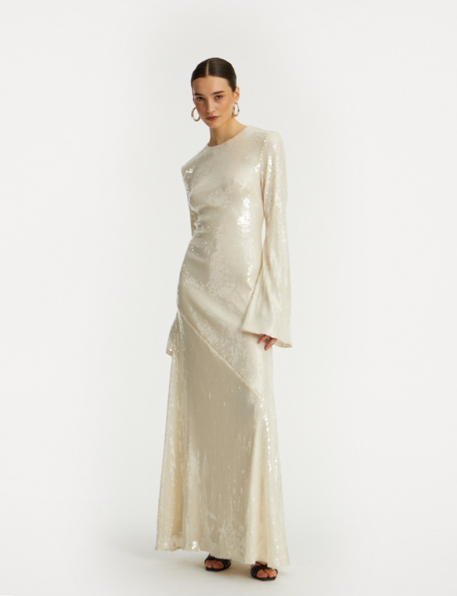 Sequin Long Sleeve Maxi Dress in White – Annabel